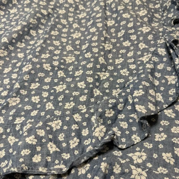 J. Crew Blue Floral Printed Chambray Ruffle Faux-Wrap Dress - Picture 3 of 10